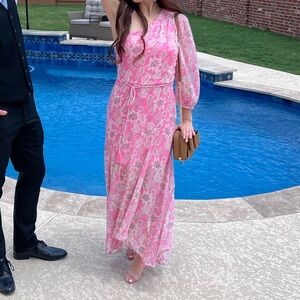 Pink Floral Wrap Dress with White Leaf Print